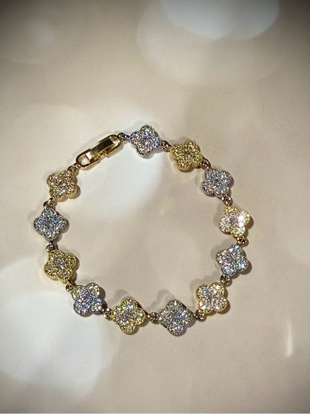 💎 New Gorgeous pave Two-Tone Gold & Silver Clover Link Bracelet, Ready to ship!